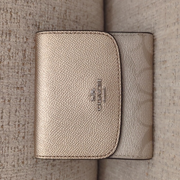 Coach Handbags - Gold Leather, Silver Hardware, Small Trifold Wallet, Brown Interior, Coach